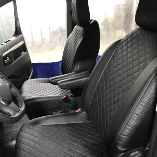 Чехлы на передние сиденья Peugeot из черной экокожи с ромбовидной прострочкой